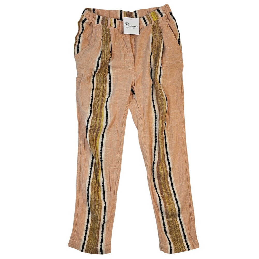 Free People Peach Striped Pom Pom Trim Trousers Boho Pants Size 4